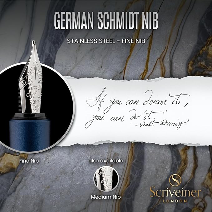 Scriveiner Luxury EDC Fountain Pen (Fine), Stunning Matt Blue Pocket Pen, Chrome Finish, Schmidt German Nib, Converter, Best Writing Pen Gift Set for Men & Women, Nice Fancy Office Designer Pen