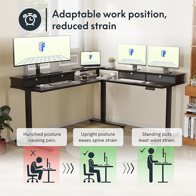 FLEXISPOT 63" L Shaped Standing Desk Electric Corner Table with Monitor Shelf, 4 Storage Drawers, Adjustable Computer Workstation for Home, Office, Game, Studio, Black Top + Black Frame