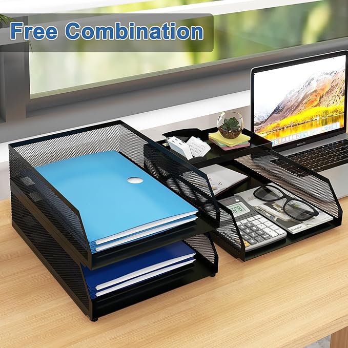 Natwind 3-Tier Desk Organizer,Desk Accessories, Stackable Paper Tray, Metal Mesh Desktop Organizer, Paper Sorter, Letter Trays,File Document Storage Rack for for Home, Office, School (Black)