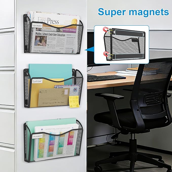 BOHDK Magnetic Wall File Holder 3-Pack - Mesh Organizer with Strong Magnets for Office, Home & School - Space Saving Black Document Organizer