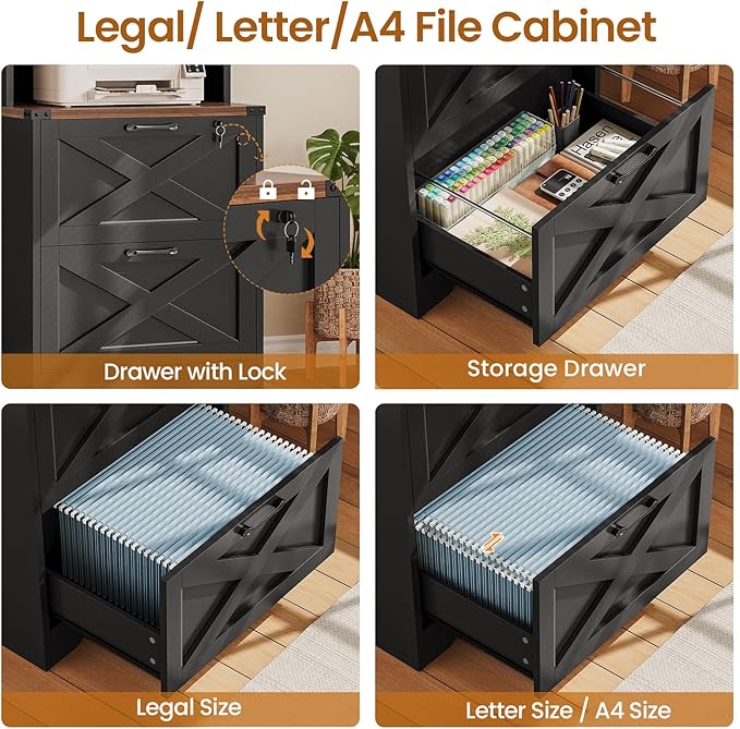 SEDETA 2 Drawer File Cabinet with Lock, Wood Filing Cabinet fits Letter, Legal, A4 Size, Hanging File Folders, Farmhouse File Cabinets for Home Office with Adjustable Storage Shelf (Black)