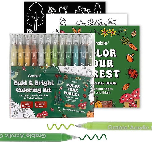 Grabie 12Colors Acrylic Gel Pens&Coloring Book, Medium Point Colored Gel Pens, Acrylic Gel Ink Pen Assorted Colored for Drawing, Note Taking, Bold&Bright Coloring Kit, Set of 12 (Forest Colors)