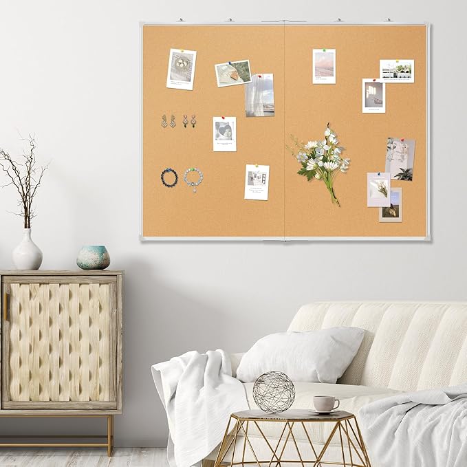 AMUSIGHT Double-Sided Large Cork Board, 60" x 36" Foldable Hanging Aluminum Framed Bulletin Board, Vision Board Pin Board Corkboards for Walls, Office, School Decor, 20 Pushpins