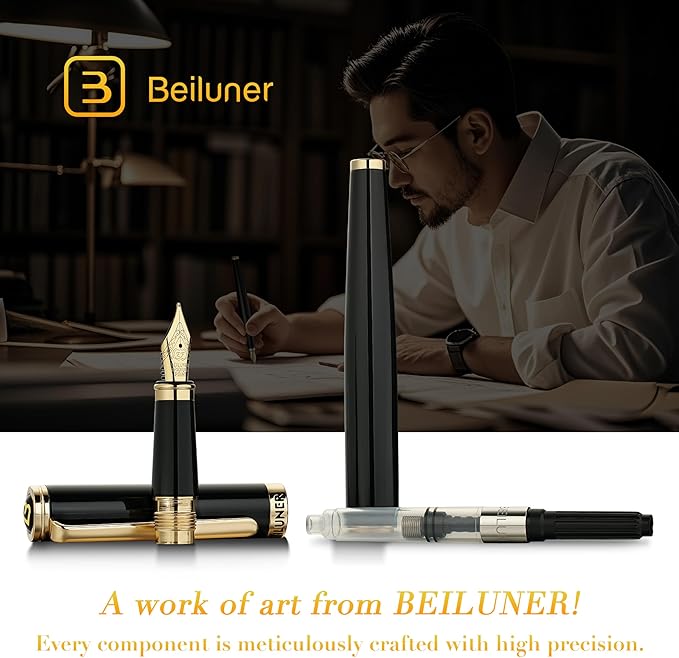 BEILUNER Black Fountain Pen,Stunning Luxury Pens with 24K Gold Accents, Gorgeous 24K Gilded Nib(Extra Fine), Fancy Pen Gift for Men&Women -Ink Converter-Elegant, Reliable,Christmas Presents, Nice Pen