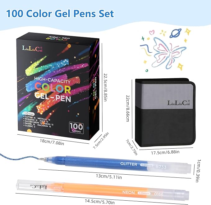 LIULIUCAI Gel Pens for Adult Coloring Book, 100 Colors Large Capacity Metallic Glitter Gel Pens with Case, 1.0 mm Bullet Tip Smooth Writing, Artist Colored Gel Ink Pen for Coloring Drawing Journaling