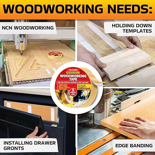 Trazon Double Sided Woodworking Tape Super Strong, 3 Pack, 1 Inch x 120 Feet, Wood Crafter Sticky Tool, Two Side Adhesive for Router Templates and CNC Machine, Removable & Residue Free