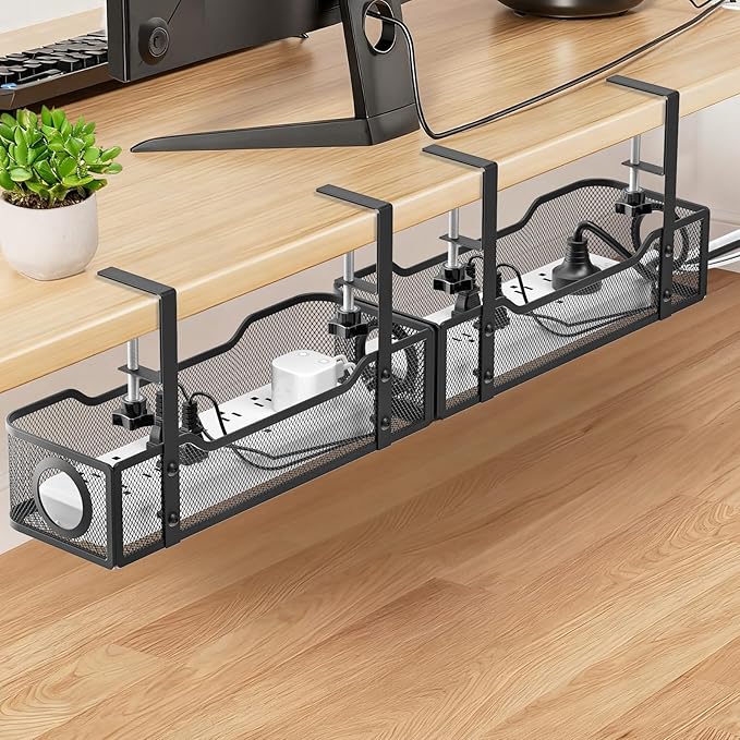 Under Desk Cable Management Tray, GZOKMOG Cord Management with Upgraded Clamp No Drill, Metal Cable Management Box for Home Office, Wire Management for Standing Desk, 2 Pack Black, 13.38 inch