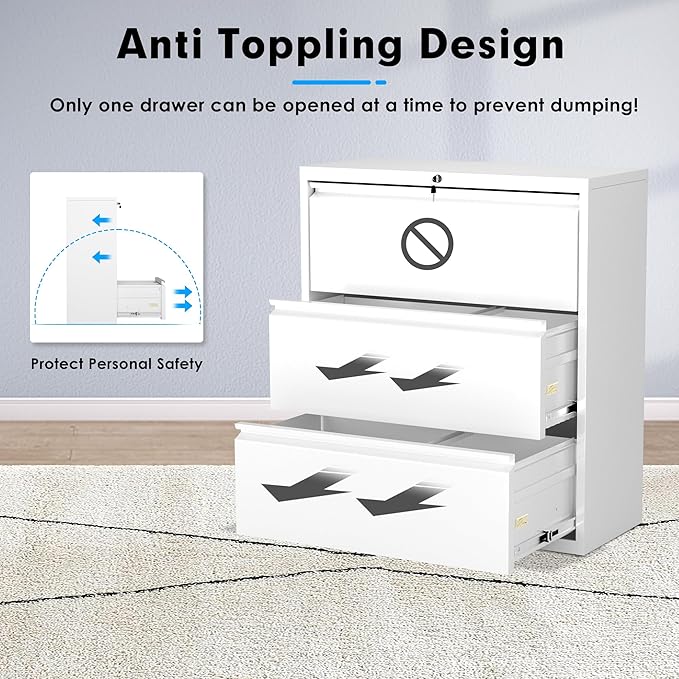 Pataku Metal Lateral File Cabinet with Lock, Steel Filing Cabinet 3 Drawer, Locking Office Home Wide Organization File Cabinets for Hanging Files Letter/Legal/F4/A4 Size, (White-3Drawer)