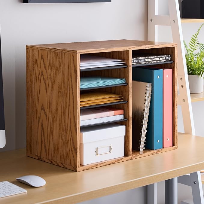 Safco 9420MO Adjustable Literature & Paper Organizer, 12 Compartment Mailbox Cubby, Great for Home, Office, Classroom Organization, Medium Oak Wood , Durable Construction, Removable Shelves