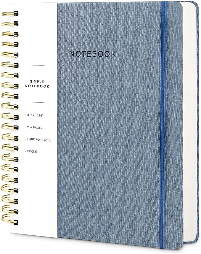 Oneirom Spiral Notebook - 8.5 x 10.98 Inch Large Hard Cover Notebook with Elastic Band & Pocket, 252 Pages, Lay Flat Wirebound Journal for Work, School, Planning & Note Taking ReefBlue