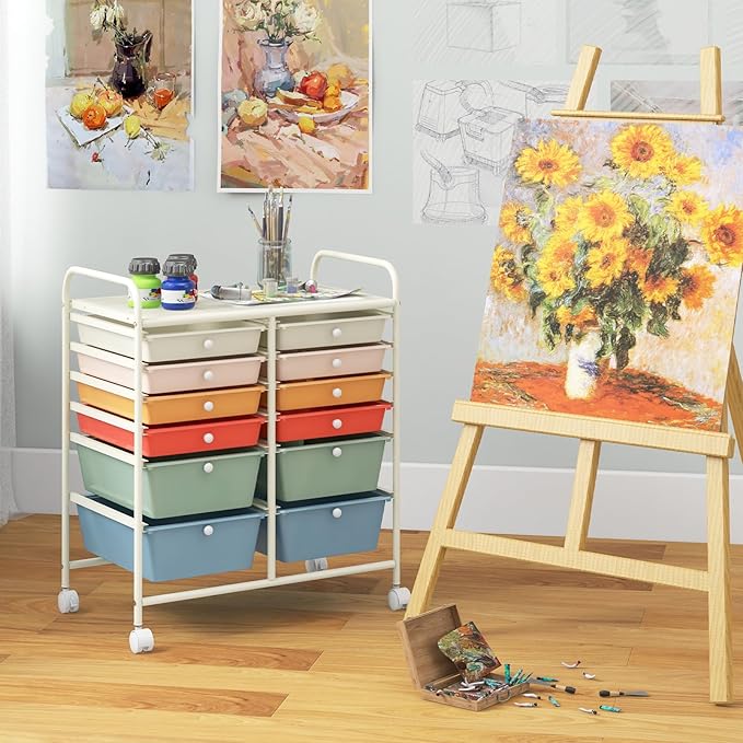 Giantex 12 Drawer Rolling Storage Cart Tools Scrapbook Paper Office School Organizer (Macaron)