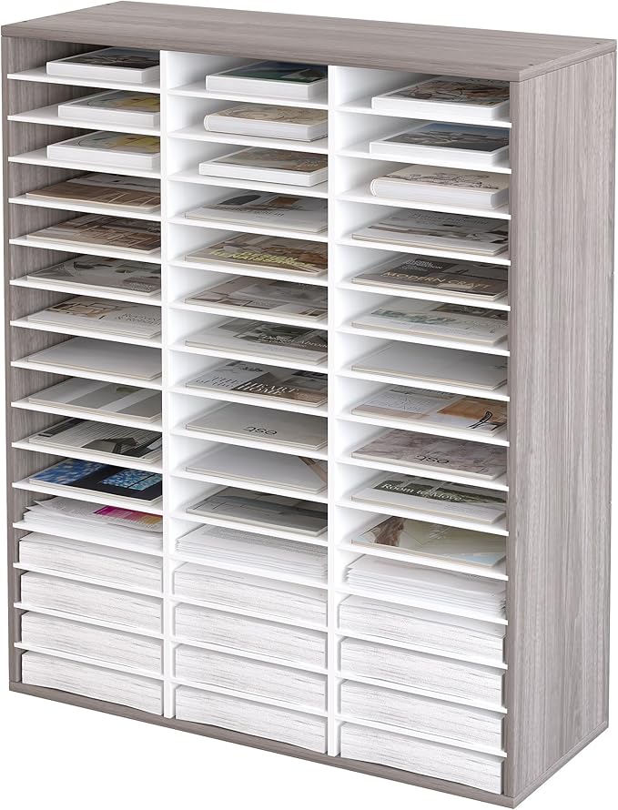 EasyPAG Wooden Literature Organizer with Adjustable Shelves, 48 Compartments Office Paper Organizer Storage 24000 Sheets Letter Size Paper, Student Mailbox for Classroom, Retro Gray/White