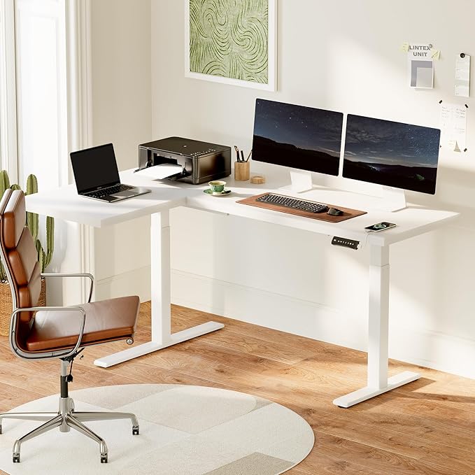 FLEXISPOT Corner Desk Dual Motor L Shaped Computer Electric Standing Sit Stand Up Desk Height Adjustable Home Office Table with Splice Board, 71x48 White