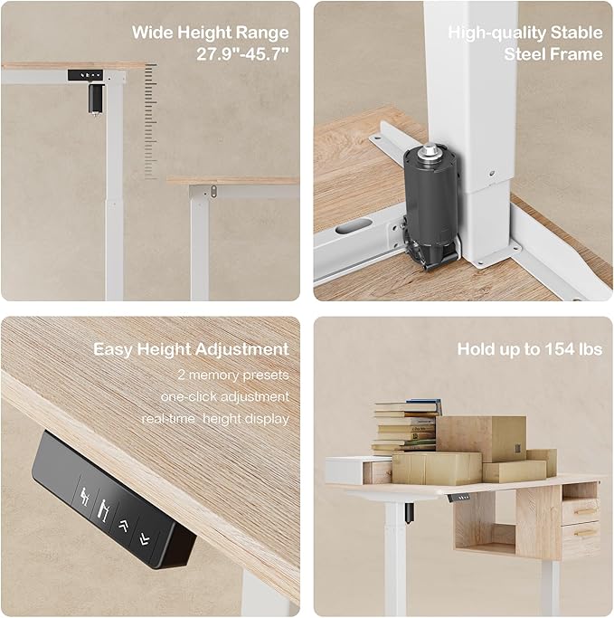 ModernMate Standing Desk with 4 Drawers, 47.2 x 23.6 Inch Whole Piece Height Adjustable Electric Sit Stand Desk, Computer Home Office Workstation with Open Storage Shelf, Light Walnut