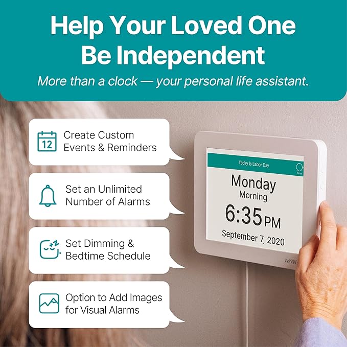American Lifetime New 2026 Dementia Clock Large Digital Clock for Seniors, Alzeimer Clock Large Display with Custom Alarms, Clock with Day & Date for Elderly, Digital Calendar Premium White Pro