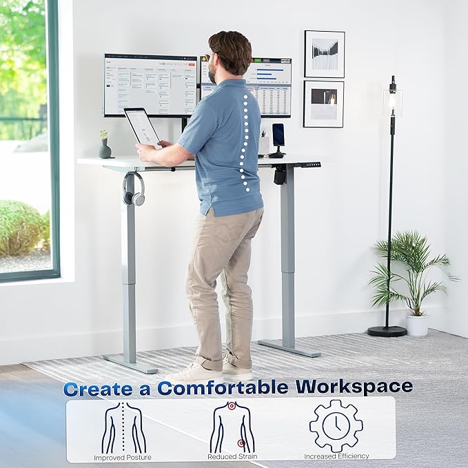VIVO Electric 55 x 28 in Standing Desk, Memory Height Adjustment, 1B Series, Holds 220 lbs, One-Piece White Top, Gray Frame, DESK-KIT-1G55W