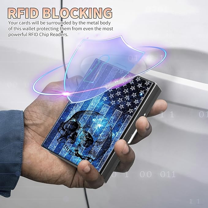 BWEGRHE Slim Credit Card Holder, Blue Skull Flag RFID Blocking Metal Wallet for Men & Women, Aluminum Minimalist Hard Case Pocket-Sized Business Cards Organizer (Fits Up to 10 Cards)