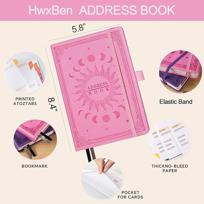Address Book with Colorful Alphabetical Tabs (8.4" x 5.7") – Hardcover Contact Organizer for Website Passwords, Telephone, Software Licenses, and Important Information – Pink