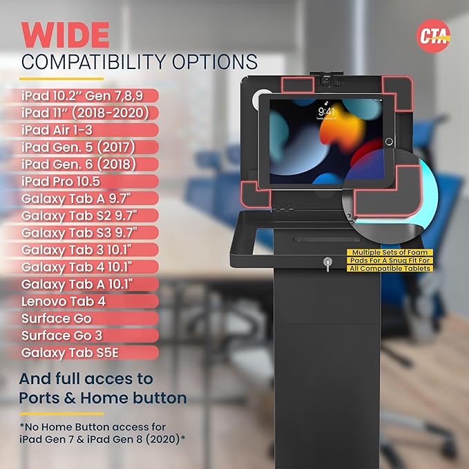 CTA Digital Locking Kiosk & Enclosure – Premium Locking Floor Stand Kiosk with Universal Security Enclosure - Storage and Cable Management for Retail POS - Ordering Screens & More Black (PAD-PARAFPE)