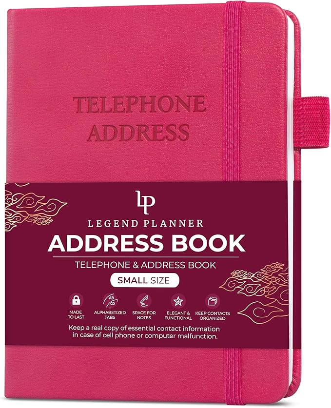 Legend Planner Address Book with Alphabetical Tabs – Mini Telephone Contacts Book for Phone Numbers, Addresses, Passwords, Small (Hot Pink)