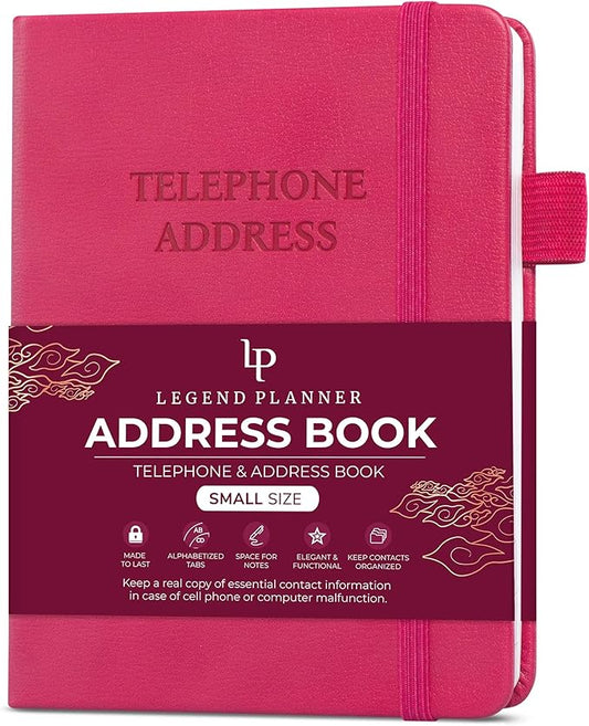 Legend Planner Address Book with Alphabetical Tabs – Mini Telephone Contacts Book for Phone Numbers, Addresses, Passwords, Small (Hot Pink)
