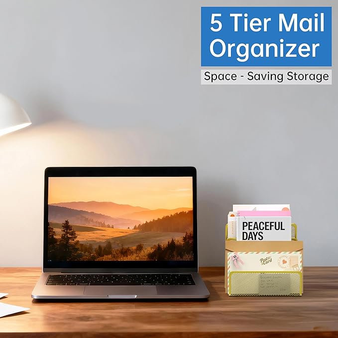 ReePlan Mail Organizer Countertop with 5 Slot, Metal Mail Holder for Desk, File Holder Letter Sorter for Envelope, Bill and Document (Gold)