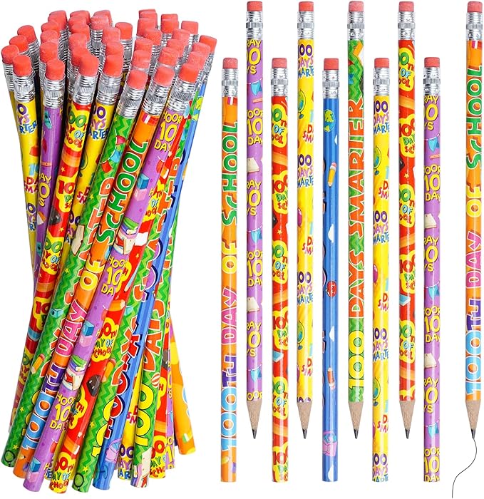 Rbenxia 48PCS 100th Days Wooden Pencils with Erasers Assortment Colorful Novelty Pencils Awards Incentives for Office Supplies Giveaways Favor