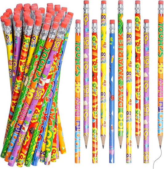 Rbenxia 48PCS 100th Days Wooden Pencils with Erasers Assortment Colorful Novelty Pencils Awards Incentives for Office Supplies Giveaways Favor