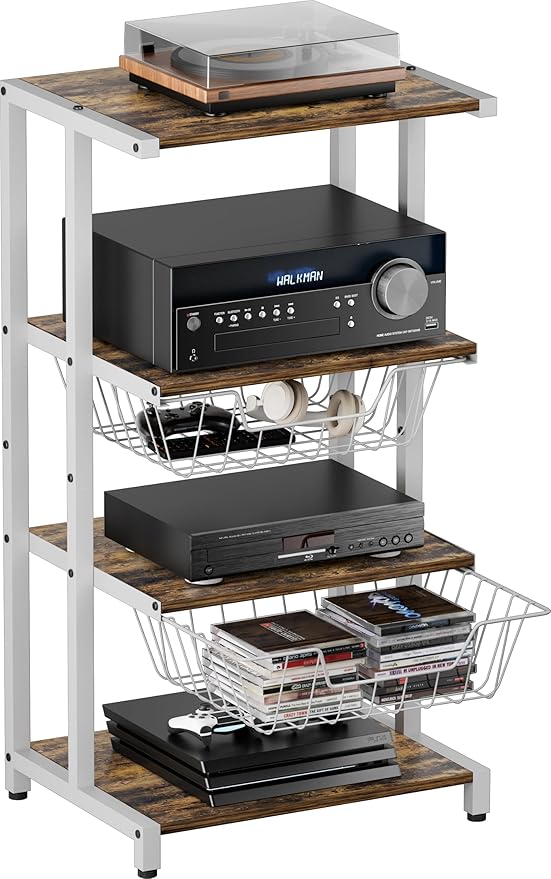 Ardier Media Stand with Two Detachable Baskets, 4-Tier AV Media Stand Corner Shelf for DVD Players/Cable Boxes/Games Consoles, Audio Storage Rack for Living Room, Gaming Room, Music Studio, White