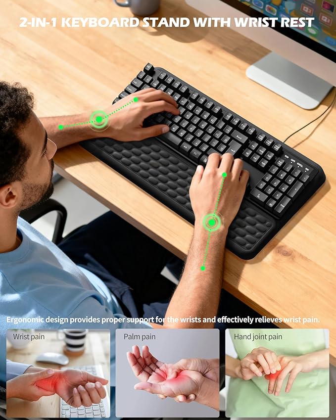Computer Keyboard Stand with Wrist Rest, Keyboard pad with Wrist Support, Two Adjustable Keyboard Angles, Slow Rebound Comfortable Foam and Skin-Friendly Fabric. Suitable for Office, Gaming, and Home