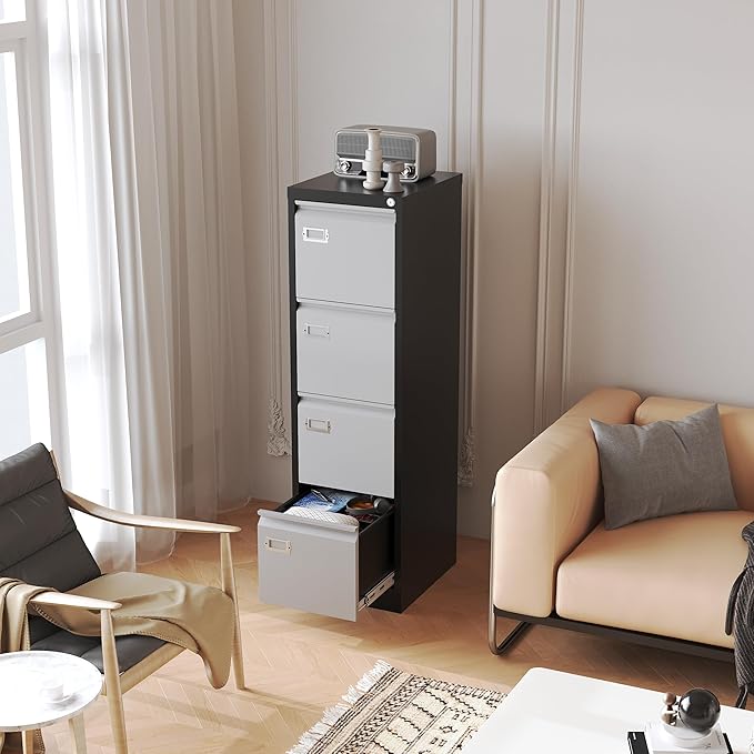 Fesbos File Cabinets - 4 Drawers Vertical 17.8" Deep Lockable Filing Cabinet - Black & Gray Metal Storage Cabinets for Home Office to Hanging Files Letter/Legal/F4/A4 Size