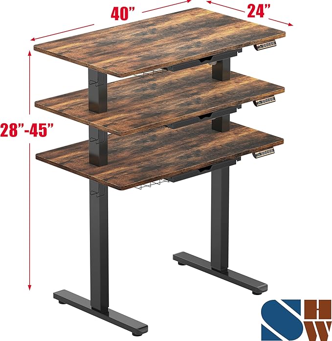 SHW 40-Inch Electric Height Adjustable Standing Desk with Drawer, Memory Preset and Cable Management Tray, Rustic Brown