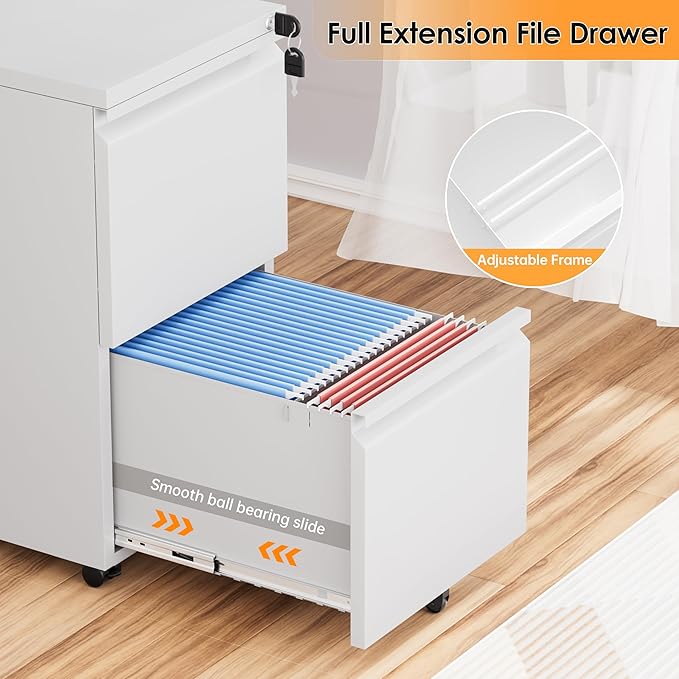 INTERGREAT 2 Drawer File Cabinet with Wheels, Metal Filling Cabinet with Lock, Locking Office Mobile Cabinet with Wheels for Legal/Letter Size, Under Desk, Easy Assemble, White