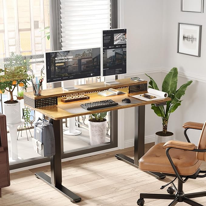 Claiks Electric Standing Desk with Shelf, 55 Inch Height Adjustable Standing Desk with LED Lights & Monitor Stand, Black Frame/Rustic Brown Top
