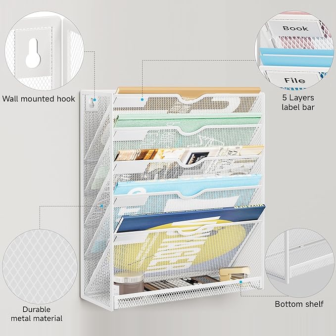 Lavatino 6-Tier Hanging File Organizer, Wall Mount File Holder for Mails Folders Papers Magazine Organization, Vertical Document Organizer for Office Home - (White)