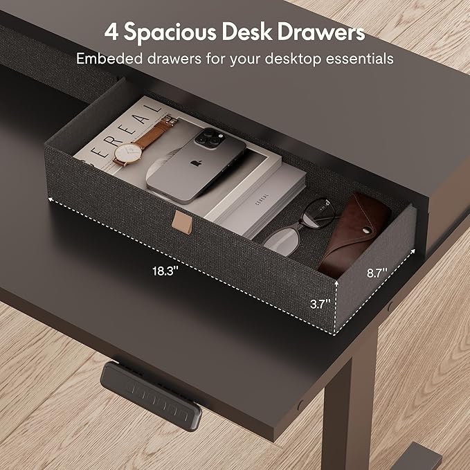 FLEXISPOT 63" L Shaped Standing Desk Electric Corner Table with Monitor Shelf, 4 Storage Drawers, Adjustable Computer Workstation for Home, Office, Game, Studio, Black Top + Black Frame