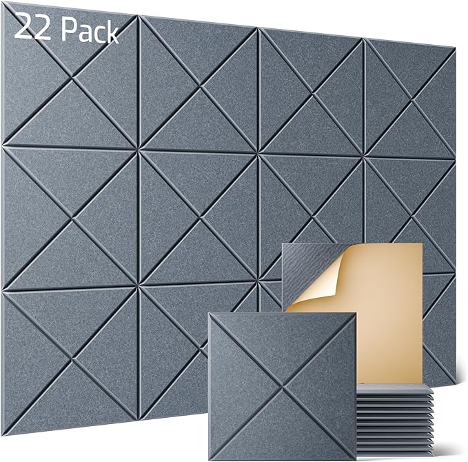 Sonicism 22 Pack X-Lined Acoustic Panels with Self-Adhesive, 12"X 12"X 0.4" Sound Proof Foam Panels, Decorative Soundproof Wall Panels, Sound Absorbing Tile for Home & Offices, Gray
