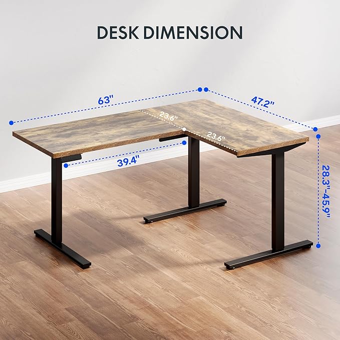FLEXISPOT L Shaped Standing Desk, 63 x 47 Inch Electric Height Adjustable Corner Desk, Sit Stand Computer Workstation, Preset Controller, Home Office, Black Frame with Rustic Brown Top