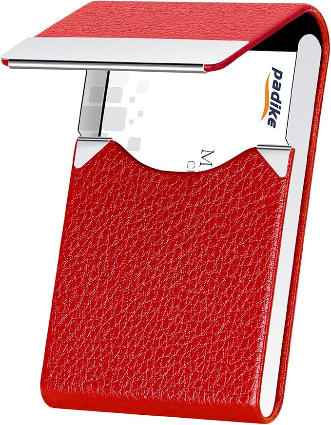 Padike Leather Business Card Holder for Women Leather Stainless Steel Business Card Case with Magnetic Shut (Red)
