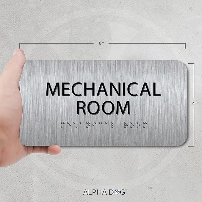 ALPHA DOG ADA SIGNS - Mechanical Room Sign with Braille for Your Business, 4x8 Inch, ADA Compliant, Indoor or Outdoor, Easy Installation, Made in the USA, Brushed Metal