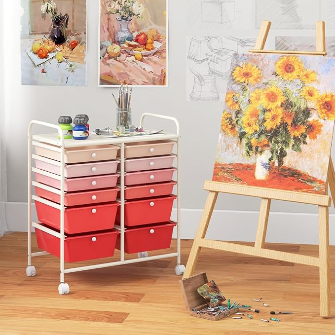 Giantex 12 Drawer Rolling Storage Cart Tools Scrapbook Paper Office School Organizer (Pink Gradient)