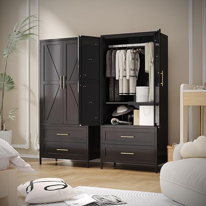 SUPEER Metal Wardrobe Cabinet with 2 Drawer and Hanging Rod, 70.9" H Metal Armoire Wardrobe Closet with Adjustable Shelf for Bedroom, Laundry Room, Home,Office,Installation Required,Black
