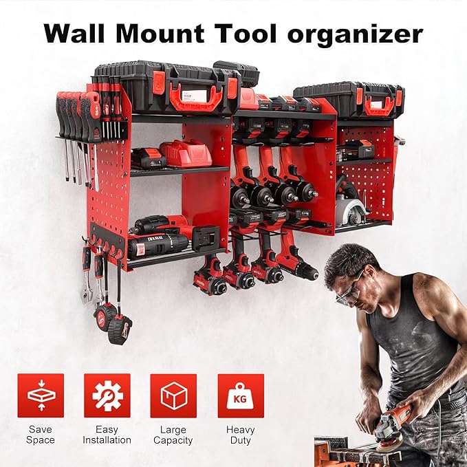 Power Tool Organizer Wall Mount with Charging Station, Heavy Duty Metal Cordless Drill Holder, Garage Tool Storage Battery Rack with 8 Outlet, Gift for Men Husband Dad Birthday Anniversary Red