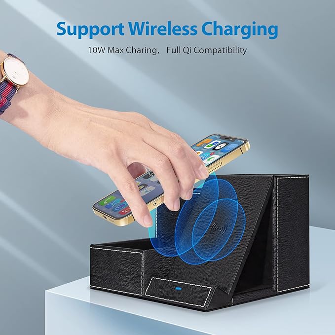 TopMade Wireless Charger with Desk Nightstand Organizer, PU Leather Pen Pencil Holder Fast Charging Station, Office Supplies for Iphone Charging Stand, Anniversary Birthday Gifts for Men(Black)