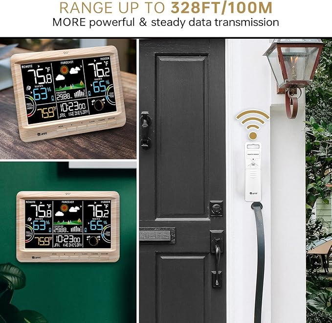 Weather Station Indoor Outdoor Thermometer Wireless, Home Atomic Clock with Large Constant Display, Inside Outside Temperature Humidity Monitor, Dew Heat Point, Barometer Wood