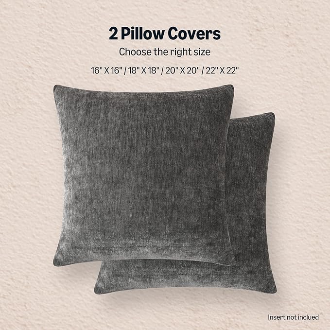 Amazon Basics Chenille Throw Pillow Covers, Home Decor Cushion Cover for Bedroom Living Room Couch Bed, 16" W × 16" L, Dark Gray