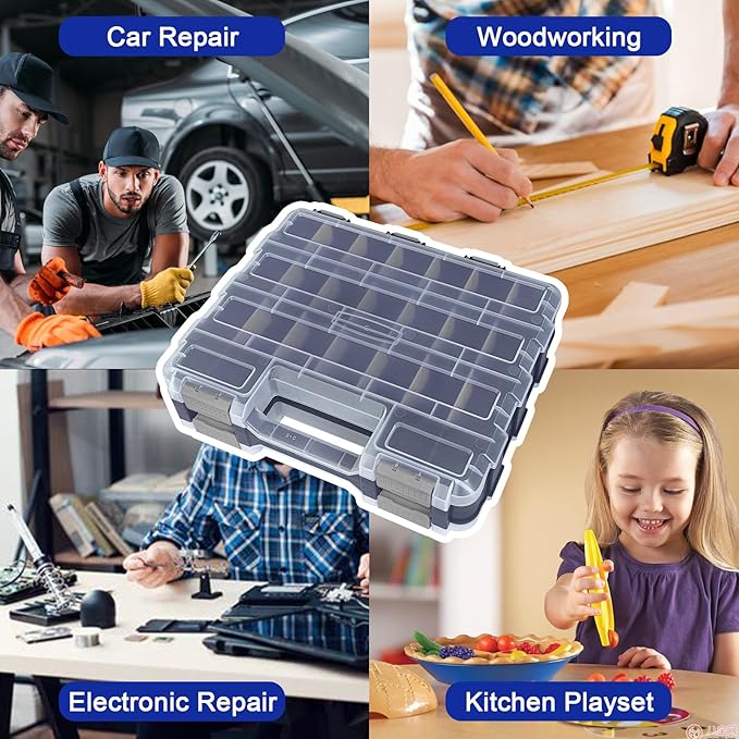 Double Side Tool Box Organizer, Hardware Storage Box, Portable Small Parts Organizer with Removable Plastic Dividers for Screws, Nuts, Nails, Bolts, Grey