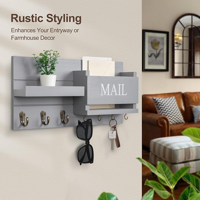 Lwenki Mail Organizer for Wall Mount – Key Holder with Shelf Includes Letter Holder and Hooks for Hallway Farmhouse Decor – Rustic Wood with Flush Mounting Hardware (16.5” x 9.1” x 3.4”) (Gray)