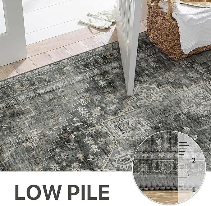 GENIMO 7'6''x9'6'' Area Rugs for Living Room, Machine Washable Non Slip Vintage Rugs, Low Pile Lightweight Chenille Print Rug for Bedroom, Dining Room, Home Office,Charcoal Gray