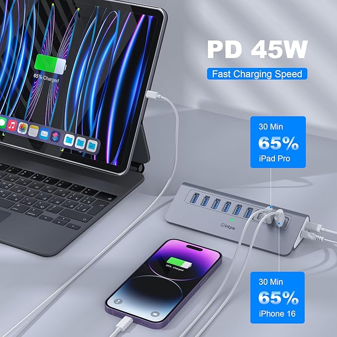YH6AC Powered USB Hub 10Gbps, intpw 9-Port USB Splitter with USB A/USB C 3.2, 4 USB 3.0, 2 PD 45W Charging Ports, 65W Power Adapter + 3.3FT Cable, Aluminum USB Extender Hub for Laptop, PC,iPhone 17/16